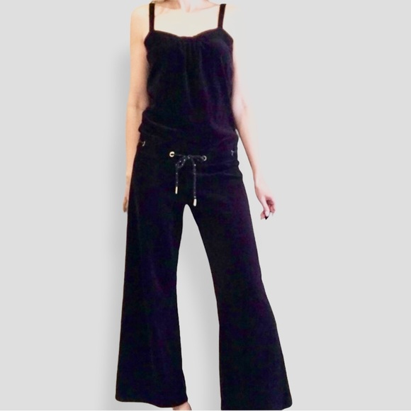 Juicy Couture Pants - JUICY COUTURE Black Velour Wide Leg Romper Jumpsuit w Drawstring Waist Y2K